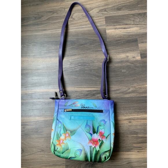 Anna Leather Crossbody Peacock Handbag Boho Floral Purse Hand Paint By Anuschka - Picture 1 of 4